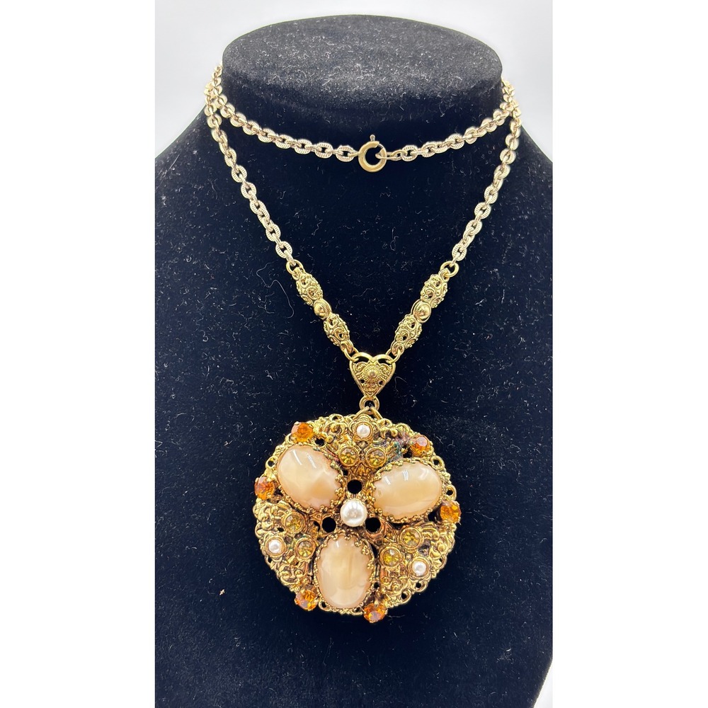 Vintage Germany Gold tone Filigree Pendant Necklace Amber Rhinestone Faux Pearl